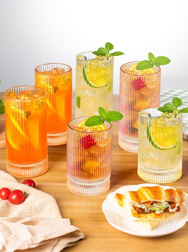 Ribbed Glassware Vintage Drinking Glasses 12Pcs - 6 Ribbed Tall Glasses 16Oz And 6 Ribbed Short Glasses 13Oz, Clear Glassware For Coffee, Cocktails, Smoothies, Juice, Beer, Water