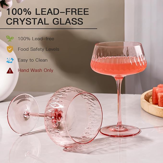 JOVGANK Pink Martini Glasses Set of 6, Hand Blown Cocktail Glass 14Oz, Large Vintage Champagne Coupe Glasses, Crystal Retro Style Bar Party Wedding Gift for Ice Cream Dessert