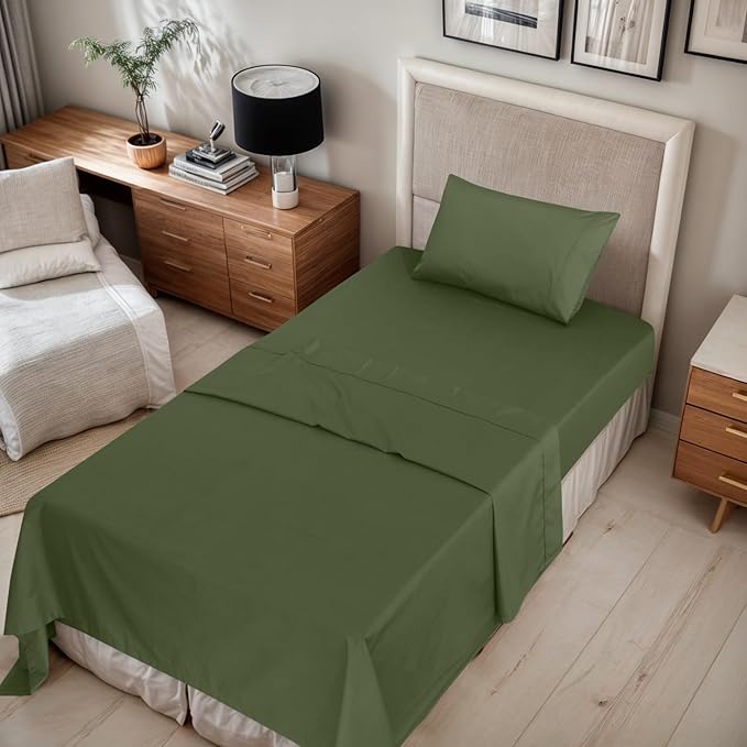 RUVANTI 100% Cotton Twin Sheets Set, 3 Pieces, Soft & Breathable Percale Weave Bedding, Deep Pocket 16", Hotel Standard, Crisp Cool Feel, Durable, Perfect Dyed Bed Sheet, Chive