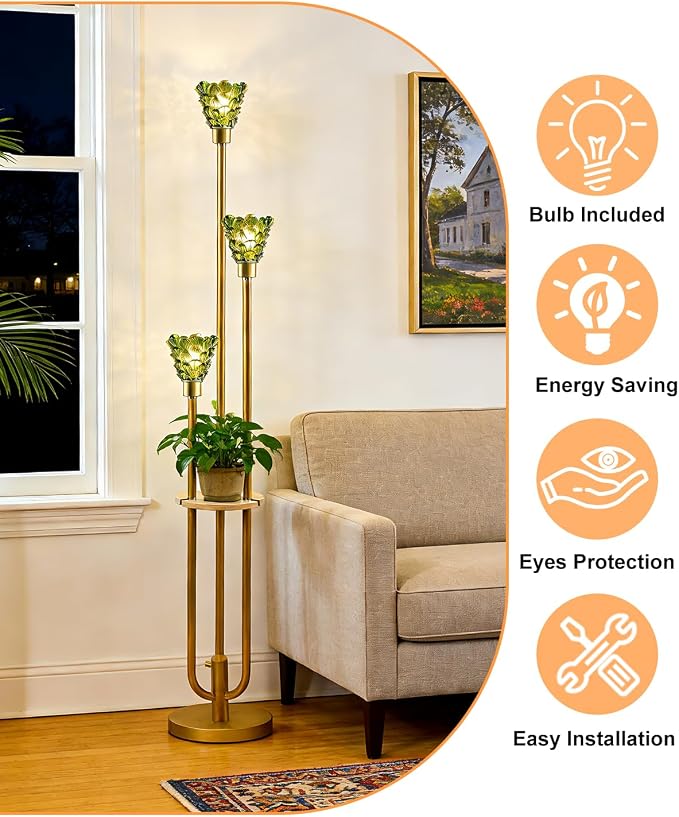 Lightdot Green Glass Floor Lamp with Shelf, 63IN Mid Century Modern Gold Standing Lamps with 3 3000K Soft Warm White Bulbs Included, Floor Lamp with 5Lbs Heavy Base for Living Room/Wedding/Office