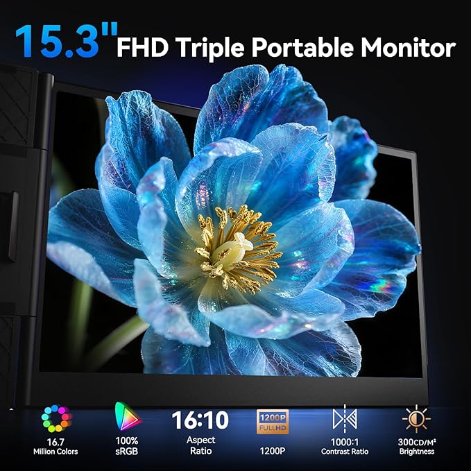 15.3" Laptop Screen Extender, 1200P FHD Ultra-Thin Triple Screen Laptop Monitor Extender, 100%sRGB Travel Portable Monitor for Laptops, Multi Screens Laptops Attachment Compatible with Windowss Mac