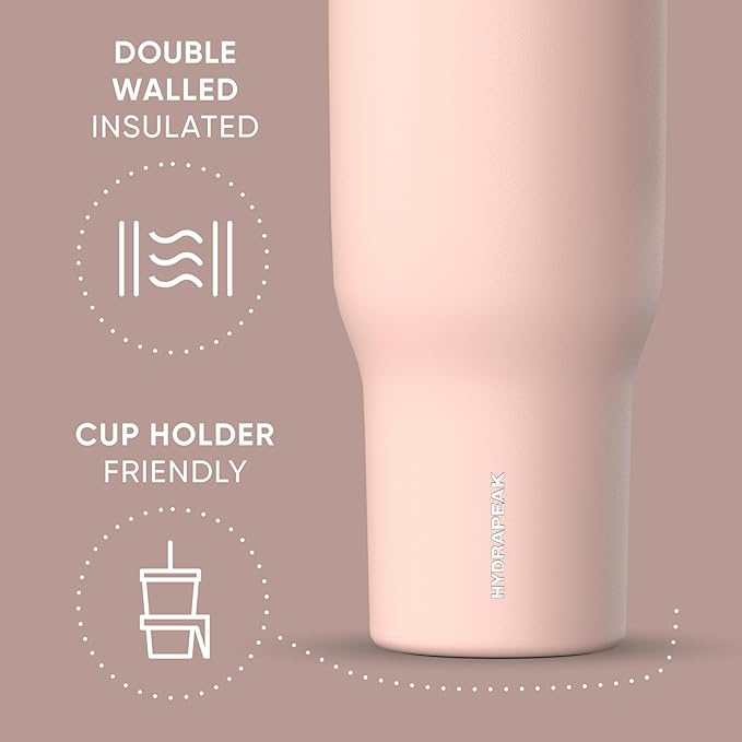 Hydrapeak Voyager 40 Oz Stainless Steel Tumbler with Handle, Insulated Water Bottle With Straw & Lid, Cupholder Friendly Reusable Travel Mug (Peony)