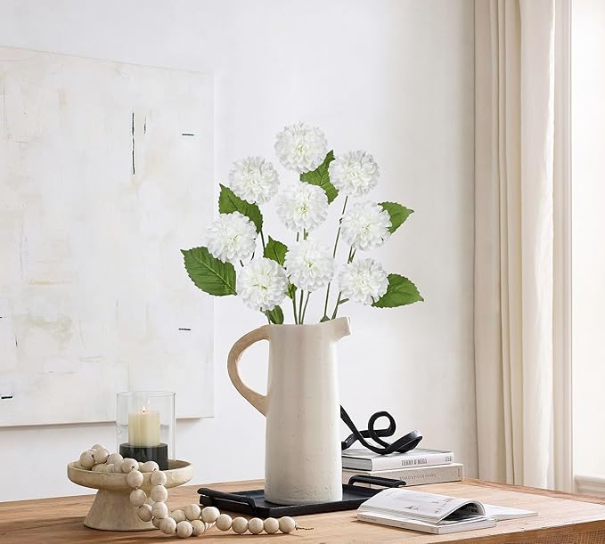 Hollyone 27.6" White Artificial Dahlia Flowers 3Pcs Fake Roses Bouquet Ball Dahlia Flower Arrangement Faux Pincushion Flower with 3 Heads Long Stem for Centerpiece Home Decor