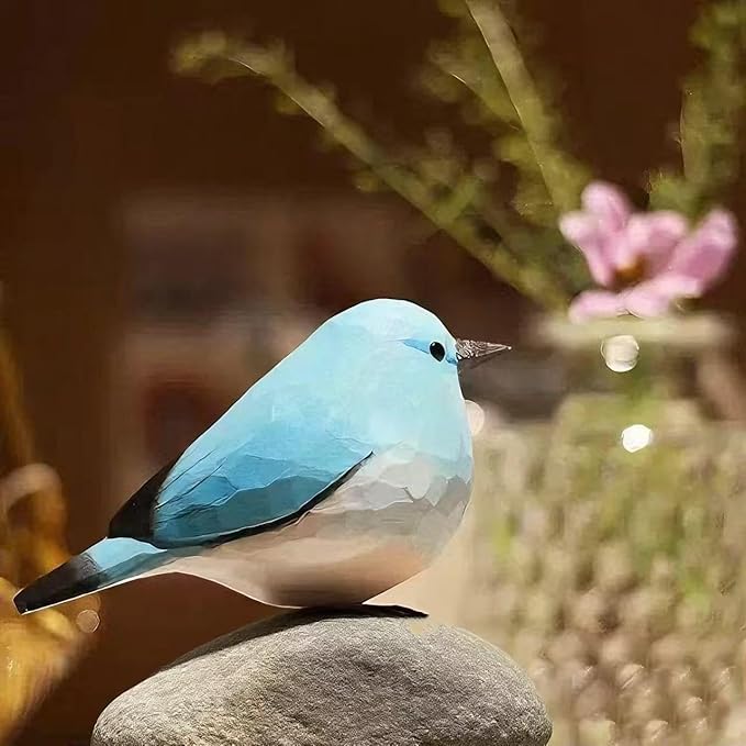 Handmade Wooden Blue Robin Figurine - 3.7" Hand-Carved & Painted Bird Statue - Solid Basswood Animal Sculpture for Home Office Decor, Holiday Ornaments & Memorial Gift for Bird Lovers