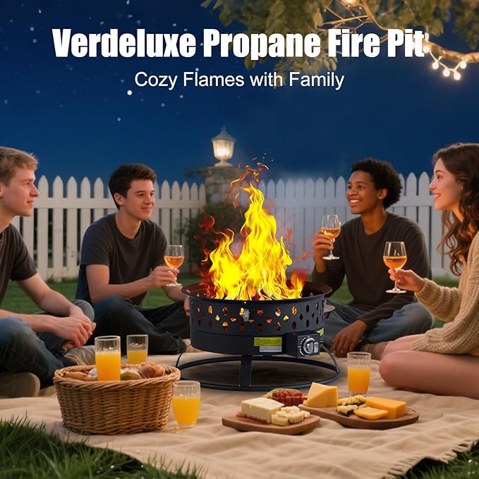 Verdeluxe 22 Inch Portable Propane Fire Pit,Gas Fire Pit for Outside with Lid & Handle, Smokeless Gas Firepit Bowl with Lava Rocks,Outdoor Propane Firepits for Camping,Patio,Yard,Bonfire.(Black)