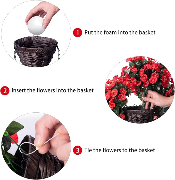 HyeFlora Artificial Fake Red Hanging Flowers Plants Baskets for Outdoor Winter Christmas, Faux Silk UV Resistant Look Real Morning Glory Vines for Outside Porch Patio Balcony Garden Yard Home Decor