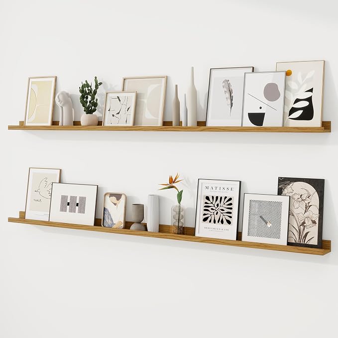 RICHFOCUS Picture Ledge Shelf, 72 inch Floating Shelves Set of 2, Wood Wall Shelves with Lip, Wall Decor Storage for Bedroom Living Room Bathroom Kitchen Nursery Photo Picture, Oak