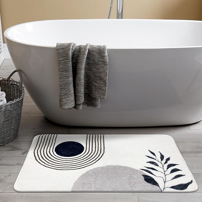 APROPHIC 20"X30" Boho Bath Rugs for Bathroom Decor Non-Slip Bath Mat Absorbent Plush Microfiber Soft Carpet Machine Washable Bath Mat for Bathrooms,Showers,Laundry Rooms,White and Black