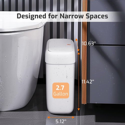 MOPALL Small Bathroom Trash Can - 2.6 Gallon Slim Plastic Waste Bin with Pop-Up Lid | Dog-Proof Design, White
