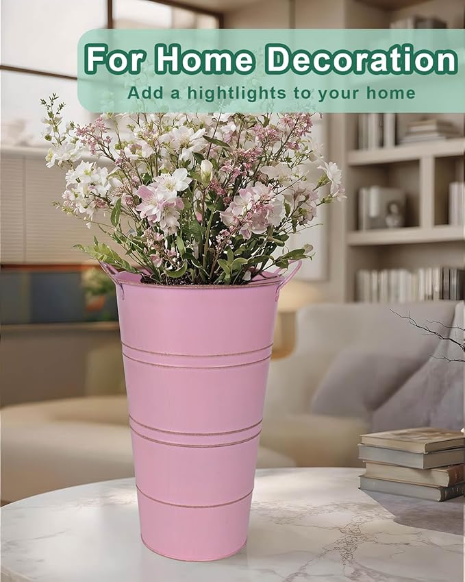 12 Inch Galvanized Metal Vases for Flowers - 6 Pcs Farmhouse Decorative Tall Flower Bucket with Handles, Rustic French Tin Planter Buckets for Wedding Decor (Pink)