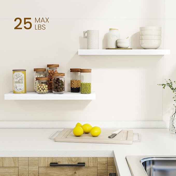 Dreamland 24Inch Floating Shelves for Wall, Rustic Wooden White Floating Shelves for Bathroom|Bedroom|Kitchen, Deep Wall Mounted Book Shelf, Wood Storage Display Shelf for Home Decor, Set of 2