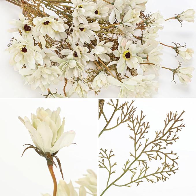 20" Artificial Daisy Bouquets for Fall Table Centerpiece, 3 Bunches Faux Chrysanthemum Flowers with Stems for Floral Arrangements, Autumn Home & Wedding Decor, Fake Wildflowers Mums in Cream White