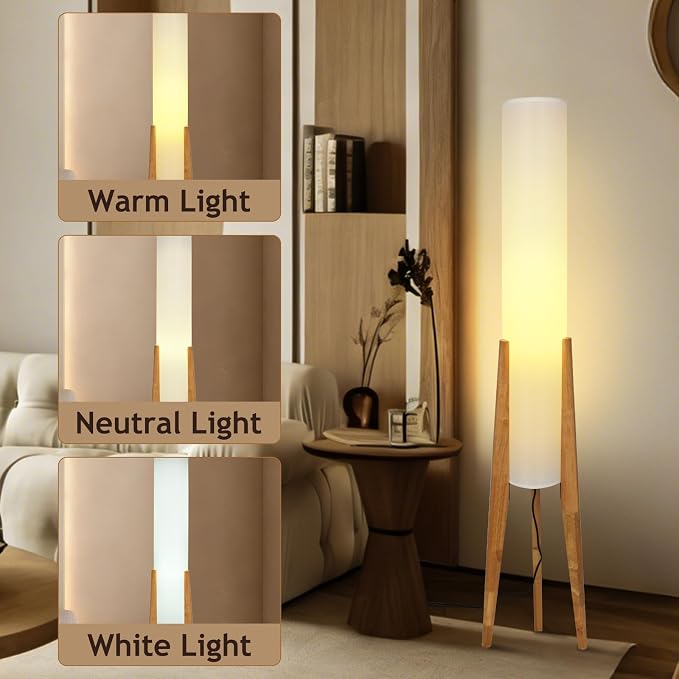 Wabi-sabi 50" Wooden Tripod Floor Lamp Linen Floor Lamp Paper Lantern Inspired Fabric Standing Lamp With E26 3-Color Temperatures Solid Wood Tall Light For Living Room Bedroom (Includes Bulb)