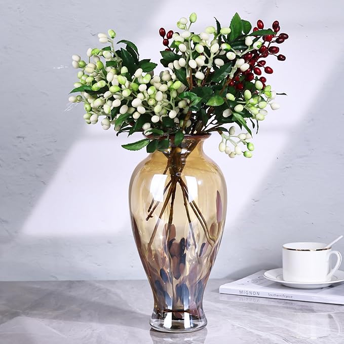 11.8" Tall Amber Gold Glass Vase Beautiful Hand Blown Glass Vase Modern Art Home Decor, Wide Mouth Colorful Vases for Mantle Dining Table Centerpiece, Entryway Living Room Wedding Decoration
