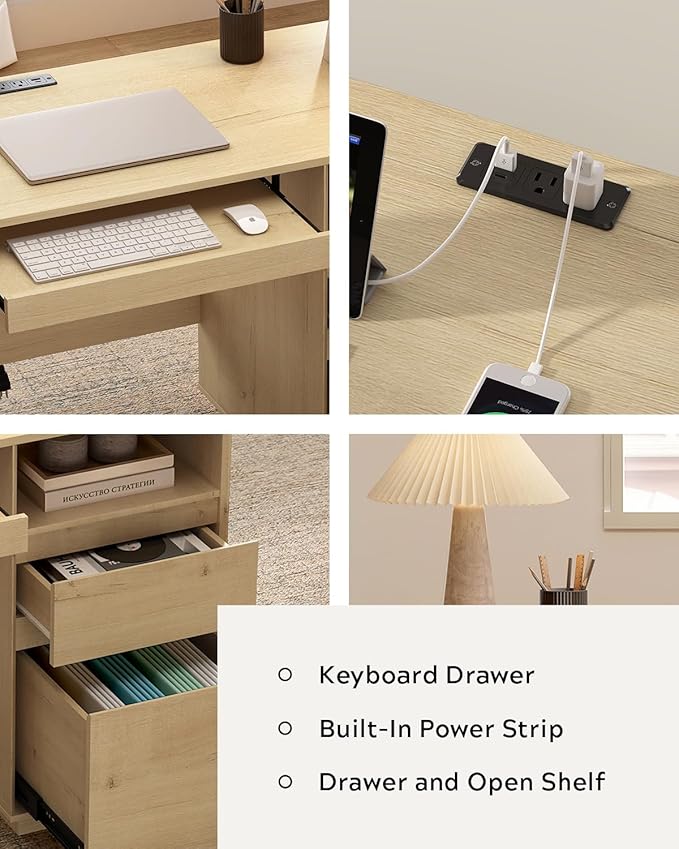 Farmhouse Executive Desk with File Drawer 59" Large Computer Desk Home Office Desk with Charging Station, Keyboard Tray, Storage Cabinet Modern Workspace for Study, Writing, Light Oak