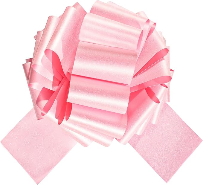 Large Pink Pull Bow 10 Inch – 2 Pack Glitter Giant Gift Bows for Presents, DIY Holiday Gift Wrap, Valentine, Birthday & Baby Shower Decoration