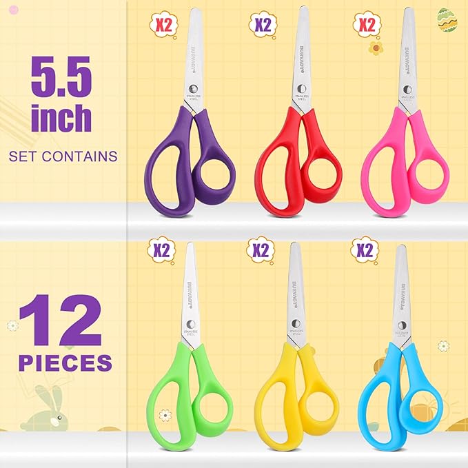 BURVAGY 12Pack 5.5" Safety Small School Kids Student Round Blunt Tip Craft Scissors Bulk, Stainless Steel Blades Comfort Grip Scissors for Kid Children Kindergarten Cutting Paper