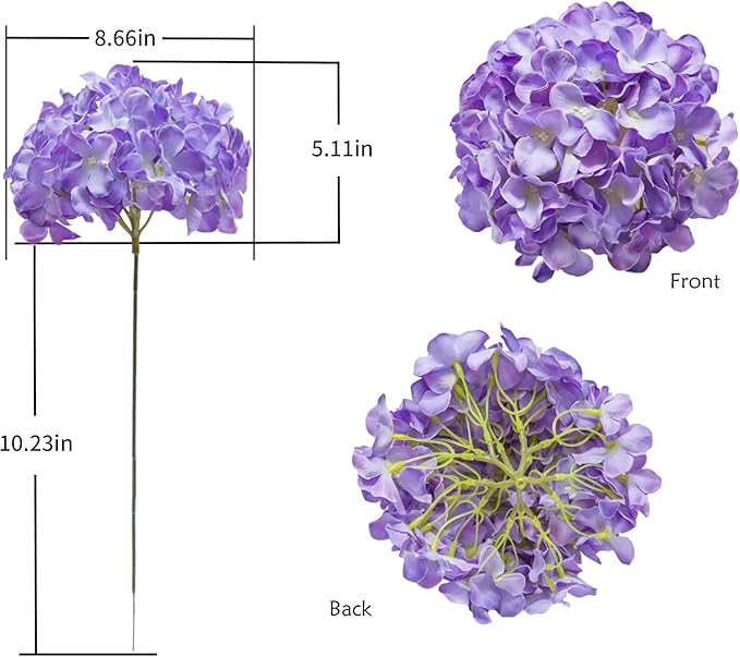 DuHouse Silk Hydrangea Artificial Flowers Heads with Stems for Wedding Home Decor Pack of 6 (Purple)