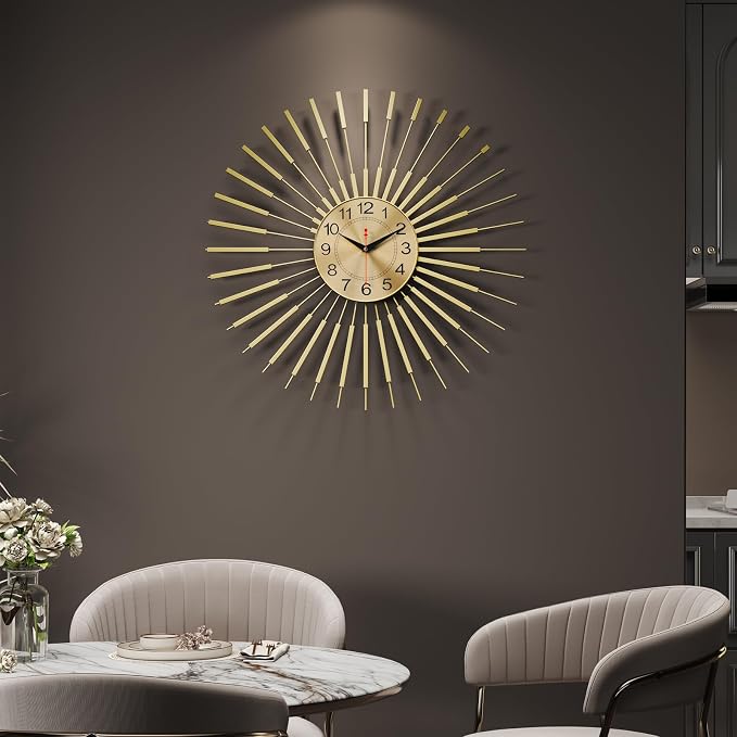 Cuspin 24 Inch Gold Wall Clock, Large Sunburst Mid Century Modern Clocks for Living Room Decor, Silent Non Ticking Battery Operated Decorative Wall Clock for Bedroom, Kitchen, Office