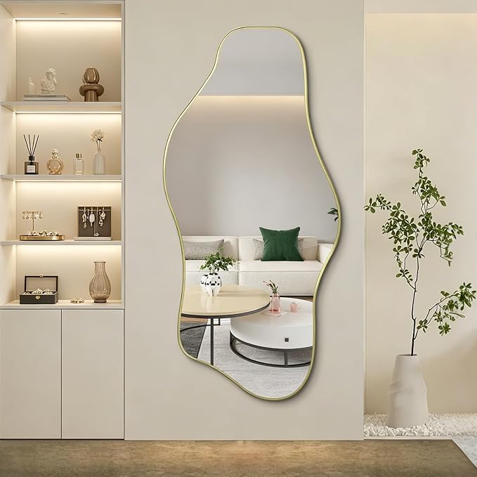Large Irregular Mirror, 63"x30" Asymmetrical Tempered Glass Mirror Full Length, Gold Organic Frameless Wall Mirrors for Entryway Hallway Bedroom Living Room, Horizontal or Vertical Hanging