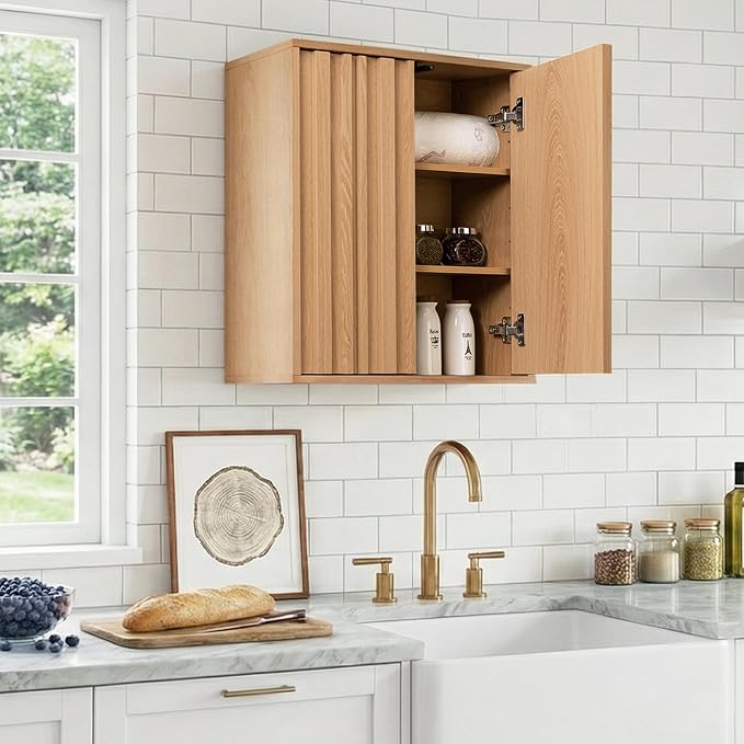 VANIRROR Fluted Bathroom Wall Cabinet Over Toilet, 15mm Thick Moisture-Resistant Wood Hanging Storage with Push-to-Open Doors, Japandi Floating Medicine Cabinet for Half Bath & Kitchen, Natural Oak