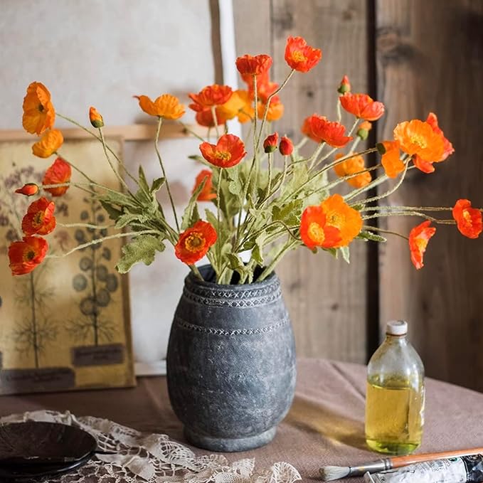 Artificial Flowers 6 Stems Poppy Silk Bouquet,for Wedding, Home, Party Decoration,Table Centerpiece Arrangement(Orange)