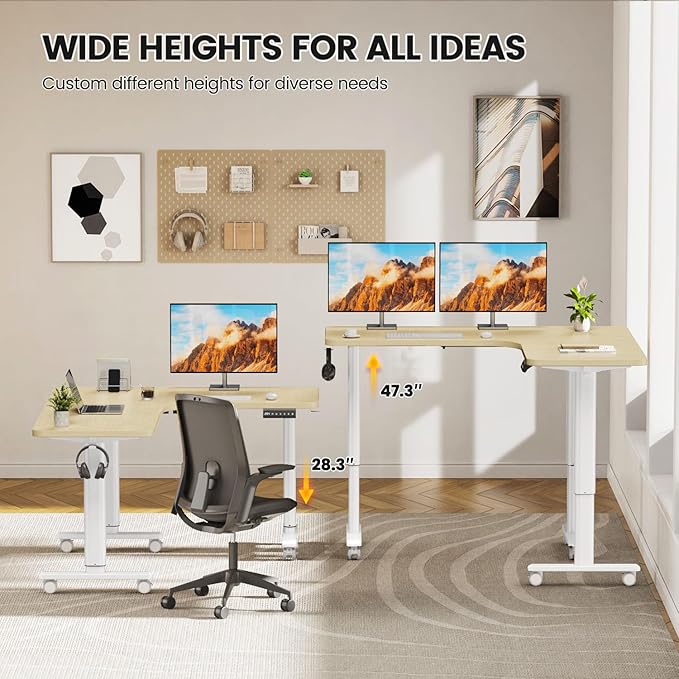 Flycity Electric L Shaped Standing Desk Adjustable Height, 63" x 55" Corner Stand Up Table, Home Office Desk, Dual Motor Sit Stand Desk, Computer Desk with 3 Memory Preset & Lock, Maple