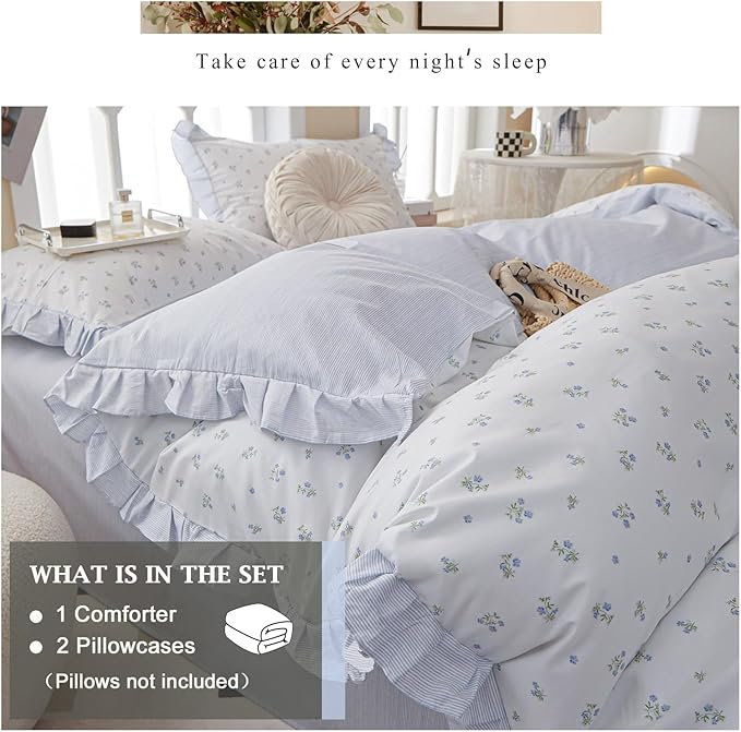 VM VOUGEMARKET Queen Comforter Set Blue Floral Comforter Romantic Girls Ruffle Lace Bedding Set Soft Reversible Lightweight Girls Comforter with 2 Pillow Shams