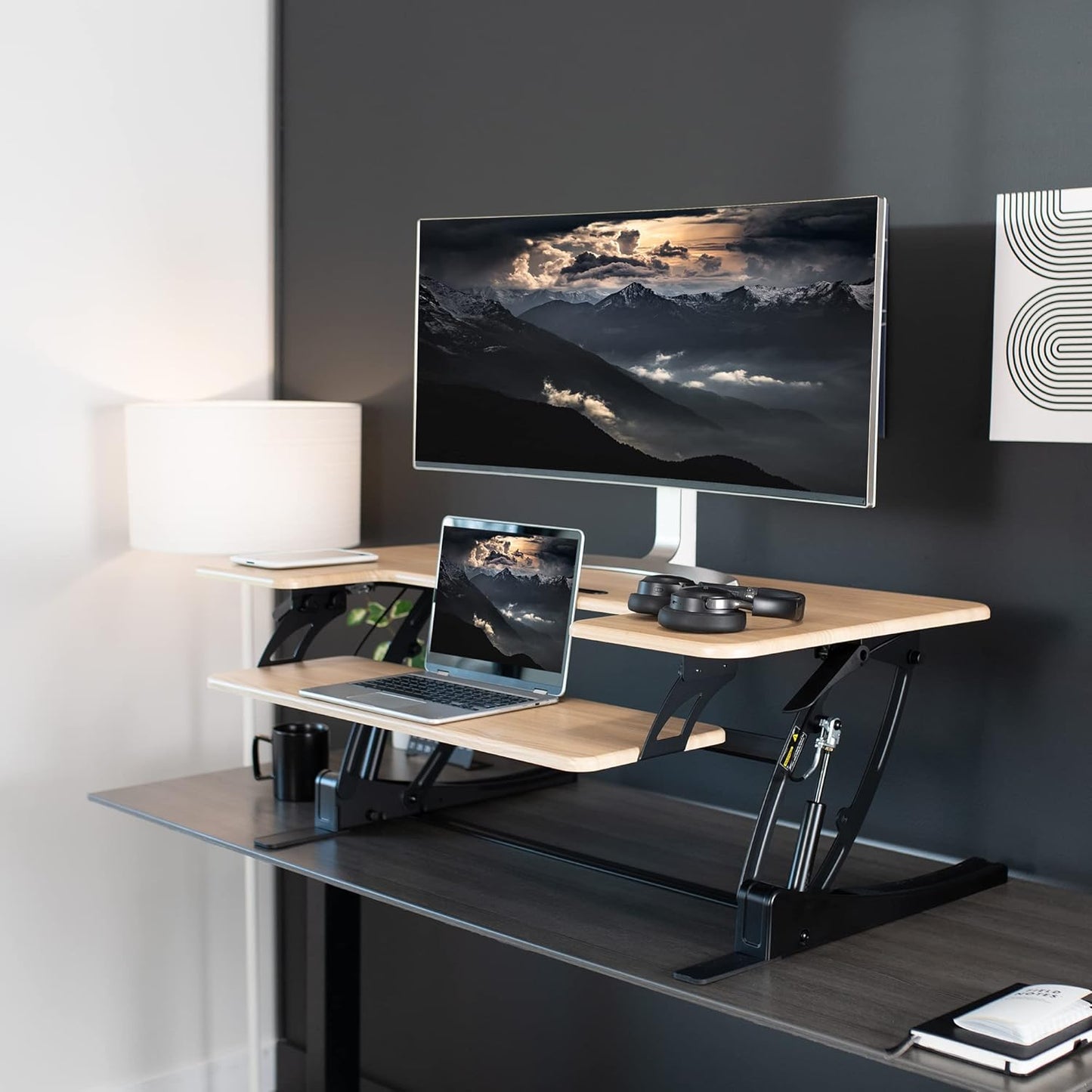 VIVO Height Adjustable Stand Up Desk Converter - Quick Sit to Stand Dual Monitor Riser | Light Wood Top, Black Frame