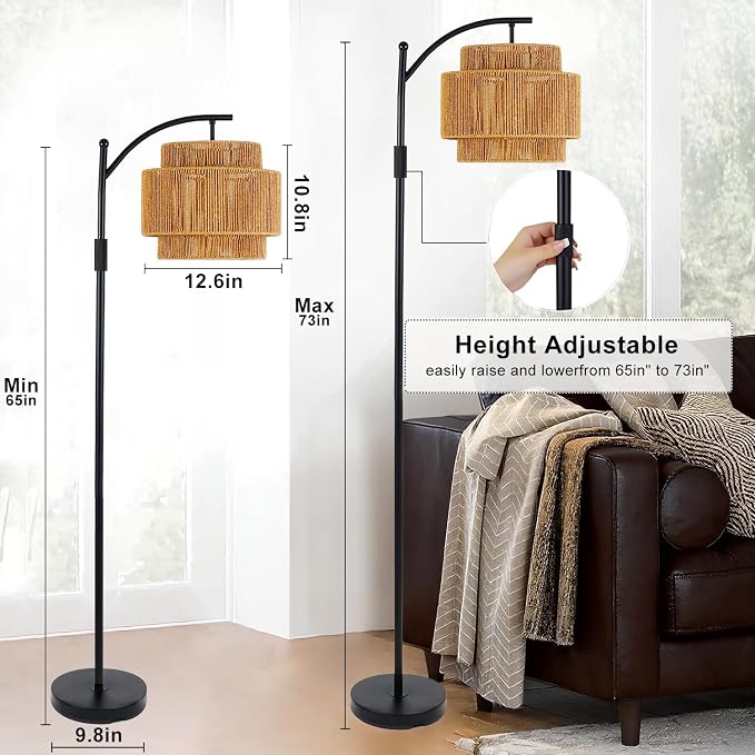 Rattan Floor Lamp with 3 Color Temperatures, Dimmable Boho Floor Lamp with Remote Control, Adjustable Height Tall Lamp for Living Room, Bedroom, Office, Wicker Standing Lamp with Foot Switch