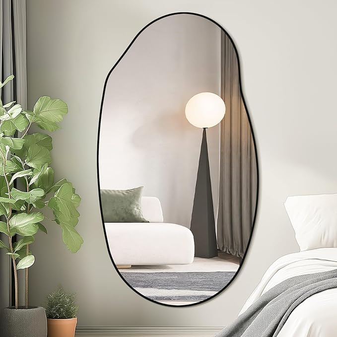 Mirrorons Irregular Wall Mirror 51×28, Black Asymmetrical Bathroom Mirror, Oval Aesthetic Full Length Mirror, Shatterproof Black Bathroom Mirrors
