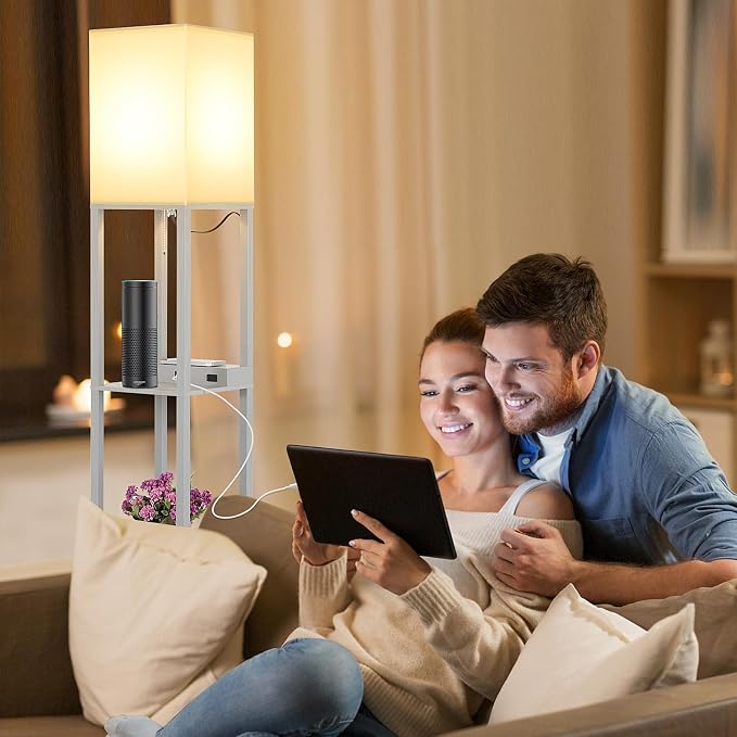 Mlambert Modern Shelf Floor Lamp with Wireless Charger & Fast Charging USB Ports & Type C Port & 2 Power Outlets,3 Tier Storage Lamp for Bedroom,Grey