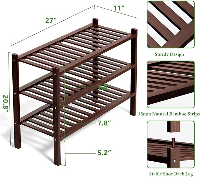 RONGJlA 3 Tier Bamboo Shoe Rack for Closet Free Standing Wood Shoe Shelf Storage Organizer for Entryway Small Space Stackable, Natural, Brown