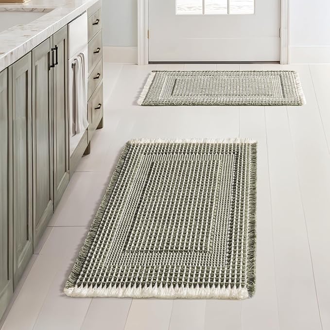 MIULEE Set of 2 Waffle Bathroom Rugs, Boho Bath Rug Super Absorbent, Non Slip Washable Ultra Soft Rubber Backed Shower Bath Mats for Floor, Tub, Shower, Looped Design, Green & Cream, 17x24 Inch