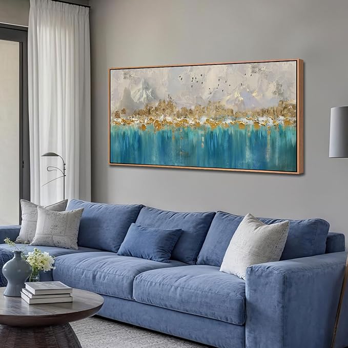 Arjun Framed Abstract Wall Art for Living Room Gold Blue Textured Large Canvas Art Wall Decor Bedroom Painting, Modern Picture Grey Mountain Artwork Home Office Wall Decoration, 48"x24"