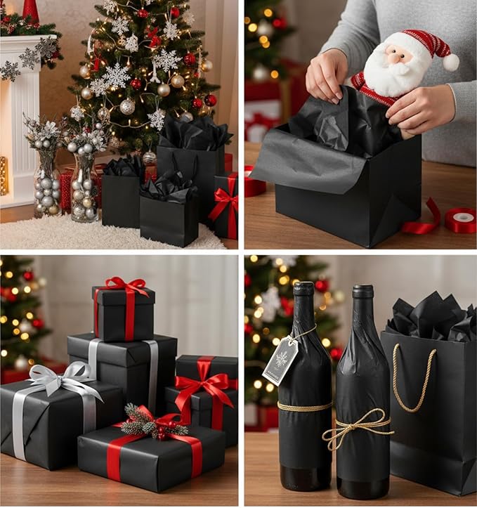 Qilery 500 Sheets Christmas Black Tissue Paper Bulk for Gift Bags 15 x 20 Inch Acid Free Packaging Wrapping Paper Sheets for Gothic Christmas Decor DIY Crafts, Birthday Party, Shipping Packing