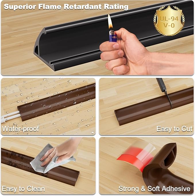 Kneelisa 10FT Side-Open Extension Cord Covers for Wires on Floor,Silicone Power Cable Protector Cord Hider Management Strip,Hide Electric Wire on Carpet,Chord Runner Protective Safety Wiremold,Brown