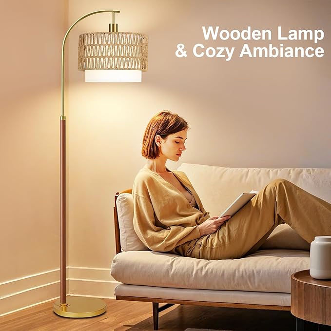 ZECOXOL Boho Floor Lamps for Living Room Wood Floor Lamp with Remote Control,Dimmable Rattan Floor Lamps Farmhouse Gold Standing Lamp with 3 Color Temperature Tall Arc Floor Lamp for Bedroom Corner