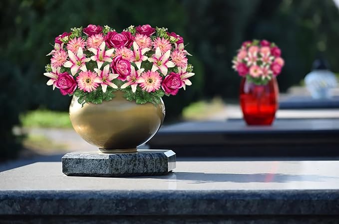 Hollyone Set of 2 Artificial Cemetery Flower for Graves Purple Pink Cemetery Memorial Flowers for Outdoor Grave Decorations Silk Flower Arrangements Rose Lily Gerbera Floral Flowers Bouquets