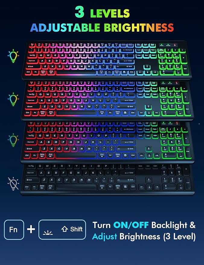 Wireless Keyboard and Mouse Combo, RGB Backlit, Rechargeable & Light Up Letters, Full-Size, Soft Typing, Sleep Mode, 2.4GHz Quiet Keyboard Set for Mac, Windows, Laptop, PC, Trueque (Black)