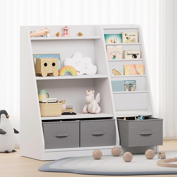 NACHES Kids Bookshelf and Toy Storage Organizer, Montessori Nursery Book Shelves with Sling Rack & Fabric Toy Bins, Toddler Baby Bookcase, Wooden Toy Shelf for Kids Room, Playroom, White-White