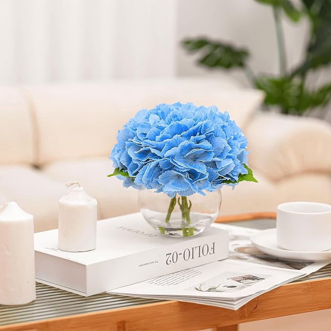 Artificial Hydrangea with Fake Water in Vase, Real Touch Faux Flowers, Silk Fake Hydrangea Flower Arrangement with Faux Water for Home Office Bathroom Wedding Table Centerpiece Decor(Blue)