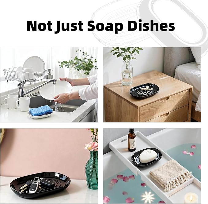 Ceramic Soap Dish for Bath Sink- Modern Black Bar Soap Holder for Shower - Easy to Clean Multi-Purpose Oval Soap Dishes for Soap Bar, Sponges, Jewelry, Small Items | Fits Bathroom & Kitchen