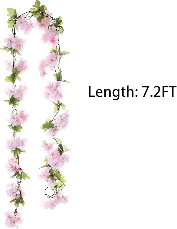 2Pcs Artificial Cherry Blossom Flower Garland Silk Fake Hanging Flower Vines for Home Wedding Decoration 7.2FT, Light Pink