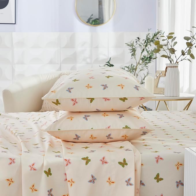 Brandream Bed Sheets for Queen Size Bed, 4 Pieces 100% Egyptian Cotton Farmhouse Sheet Set Butterfly Print Bed Deep Pockets (Cream Ivory)