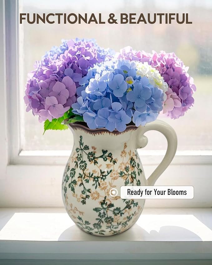 Vintage Ceramic Flower Pitcher Vase Home Decor - Tabletop Rustic Large Vase for Decor Living Room Bookshelf Office Kitchen Cottage, White Vases for Bouquet, with Handle | Grand Millennial | 8.3inch