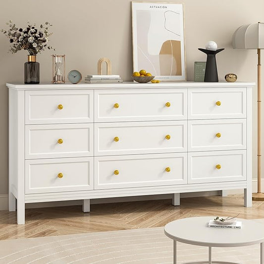 White 9 Drawers Dresser for Bedroom, 59'' Large Wood Dresser with Gold Handles, Modern Wide Chest of Storage Drawers for Hallway, Living Room
