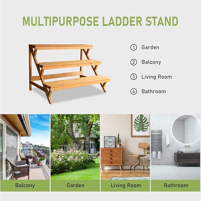 3 Tier Wood Plant Stand Indoor Outdoor, Ladder Large Multi Tiered Plant Holder, Wooden, Display Storage Shelf, 35.43"×23.62"×23.62", 3 Layered Step Plant Rack, Stair Plant Stand