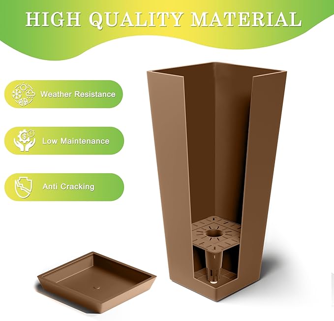 Set of 4 24" Tall Plastic Planters with Trays, Large Tapered Plant Pots for Indoor Outdoor Use, Modern Decorative Planters for Porch, Patio, Garden, and Backyard