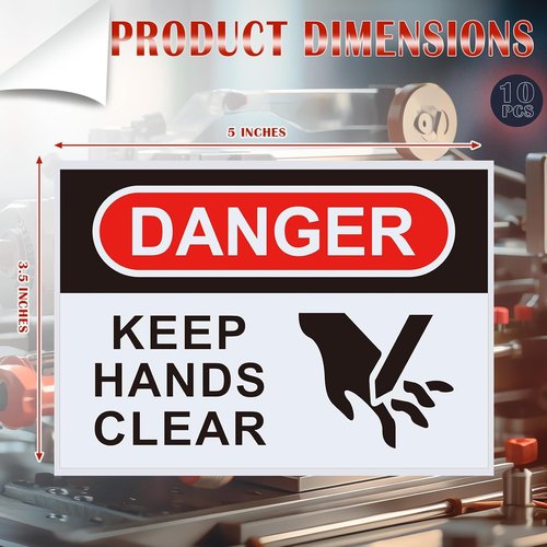 Safety Decals by Danger | 10 Pcs Keep Hands Clear Warning Stickers - 5 x 3.5 Inch Adhesive Vinyl, Red/Black on White